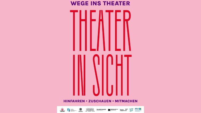 Da Plakat des Programms Theater in Sicht. Der Hintergrund ist blau, in roter Schrift steht geschrieben: "Theater in Sicht". In kleinerer Schrift in himmelblau sind die Worte: "wege ins theater" und "hinfahren, zuschauen, mitmachen" zu lesen.