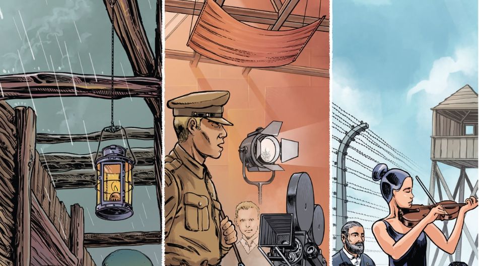 Mehrere Comic-Szenen: Soldat in Uniform neben Filmkamera, Frau in elegantem Kleid mit Gewehr, im Hintergrund Kinder vor Stacheldrahtzaun und Wachturm