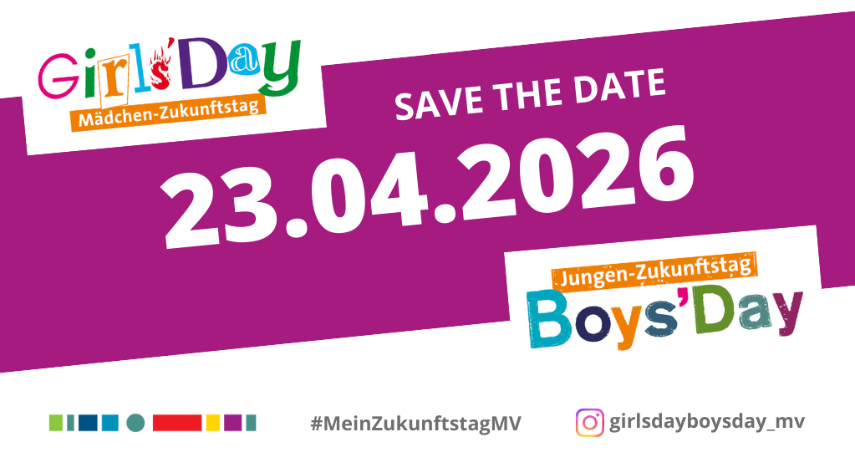Plakat mit „Girls’Day“ und „Boys’Day“, Datum 23.04.2026 und Hinweis „Save the Date“.