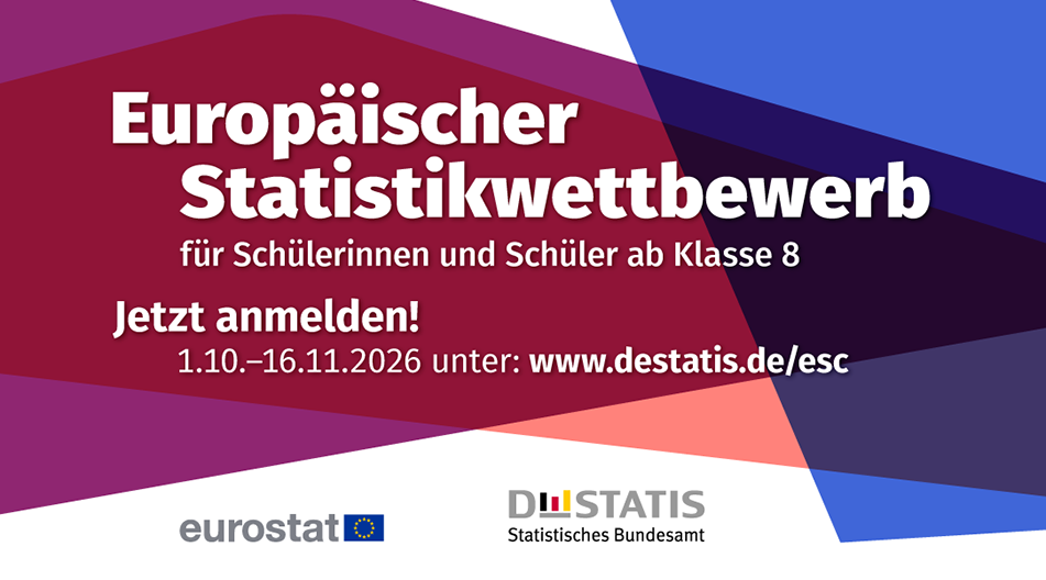 Grafik mit Text zum Europäischen Statistikwettbewerb für Schülerinnen und Schüler ab Klasse 8 mit Anmeldedaten und Logos von Eurostat und Statistischem Bundesamt
