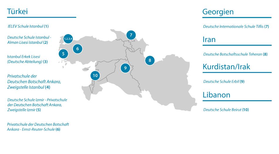 Die Karte zeigt die Standorte der Deutschen Auslandsschulen in den Ländern Türkei, Georgien, Iran, Kurdistan/Irak und Libanon.