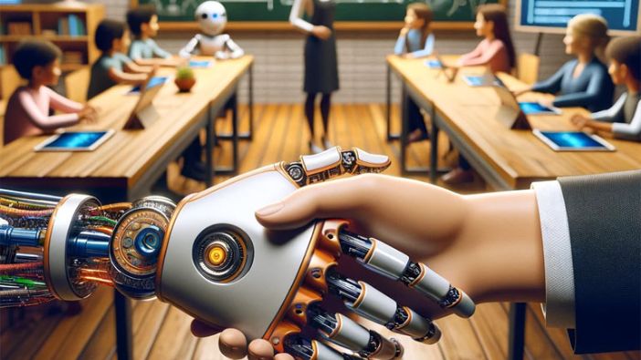 Ein futuristisches Klassenzimmer: Ein Roboterarm und eine menschliche Hand geben sich vor einer Unterrichtsszene mit einer Lehrerin, Schülerinnen und Schülern, Tablets und einer beschrifteten Tafel die Hand.