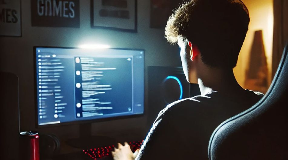 Ein junger Mensch sitzt in einem abgedunkelten Raum vor einem Computerbildschirm, der Chat-Nachrichten oder Programmiercode anzeigt. Der Raum ist dezent beleuchtet, und ein Gaming-PC mit blauem Licht ist sichtbar. Im Vordergrund steht eine Getränkedose.