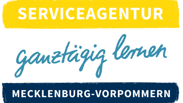 Das Logo der Serviceagentur "ganztägig Lernen Mecklenburg-Vorpommern" in gelb, weiß und blau