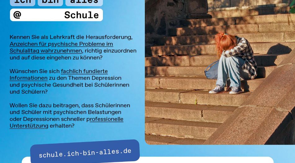 Flyer für Portal für Lehrkräfte zur Unterstützung von Menschen mit Depressionen, mit einladendem Design und Kontaktinformationen.