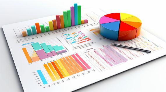 Eine Darstellung von bunten Diagrammen auf Papier: ein 3D-Kreisdiagramm, Balken- und Säulendiagramme sowie eine Tabelle mit einem Stift daneben.